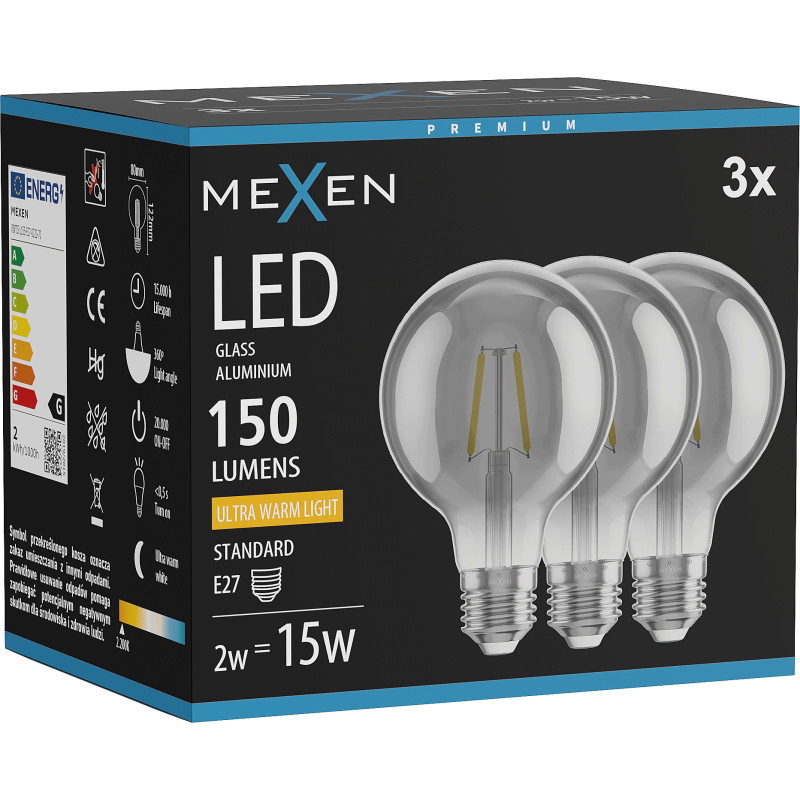 Mexen Vintis 3x Bombilla filament LED E27, G80, 2W, Cálida - 2200K, 150 lm, humo - L155-E27-0222-70x03