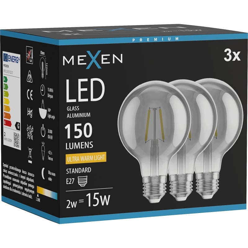 Mexen Vintis 3x Lampadina a filamento LED E27, G80, 2W, Calda - 2200K, 150 lm, fumè - L155-E27-0222-70x03