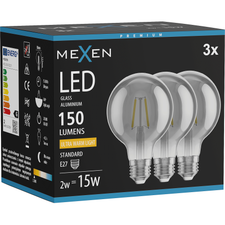 Mexen Vintis 3x LED-Filamentlampe E27, G80, 2W, Warm - 2200K, 150 lm, Rauch - L155-E27-0222-70x03