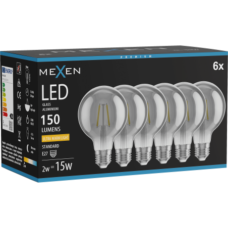 Mexen Vintis 6x Lampadina a filamento LED E27, G80, 2W, Calda - 2200K, 150 lm, smoke - L155-E27-0222-70x06