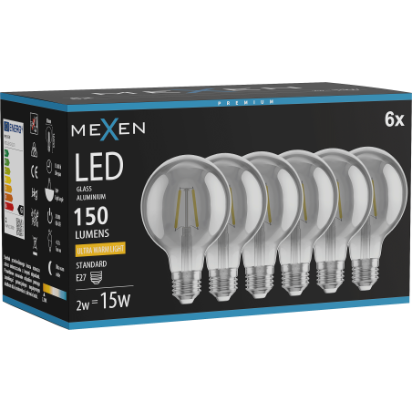 Mexen Vintis 6x LED-Filamentlampe E27, G80, 2W, Warm - 2200K, 150 lm, rauchig - L155-E27-0222-70x06