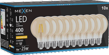 Mexen Vintis 10x LED žarulja s filamentom E27, G80, 4W, Topla - 2200K, 400 lm, jantar - L155-E27-0422-50x10