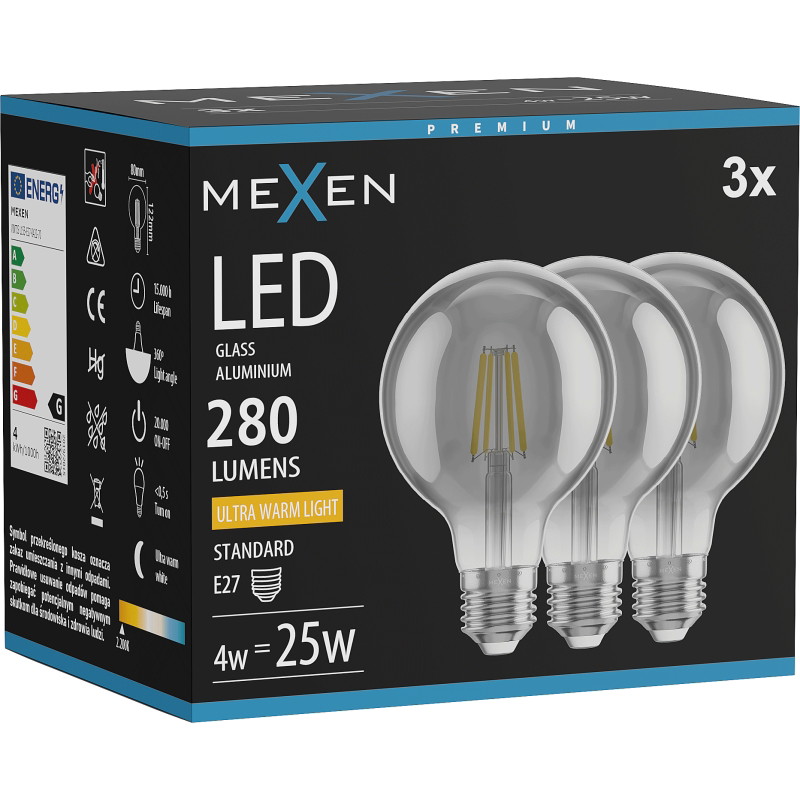Mexen Vintis 3x Bombilla LED de filamento E27, G80, 4W, Cálida - 2200K, 280 lm, humo - L155-E27-0422-70x03