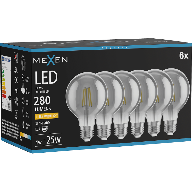 Mexen Vintis 6x Ampoule filament LED E27, G80, 4W, Chaude - 2200K, 280 lm, fumée - L155-E27-0422-70x06