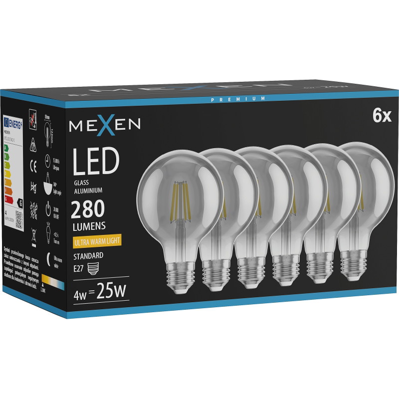 Mexen Vintis 6x żarówka filament LED E27, G80, 4W, Ciepła - 2200K, 280 lm, smoke - L155-E27-0422-70x06