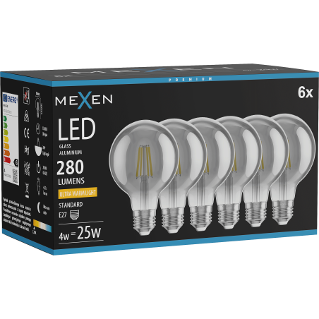 Mexen Vintis 6x LED-Filament-Glühlampe E27, G80, 4W, Warm - 2200K, 280 lm, Rauch - L155-E27-0422-70x06