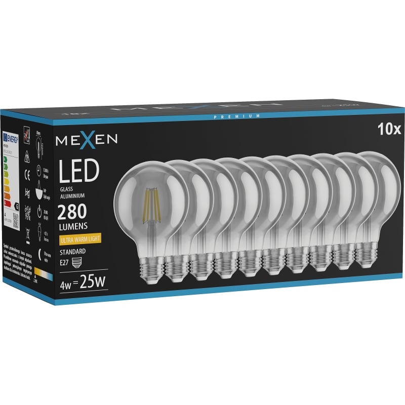 Mexen Vintis 10x Lampadina a filamento LED E27, G80, 4W, Calda - 2200K, 280 lm, fumo - L155-E27-0422-70x10