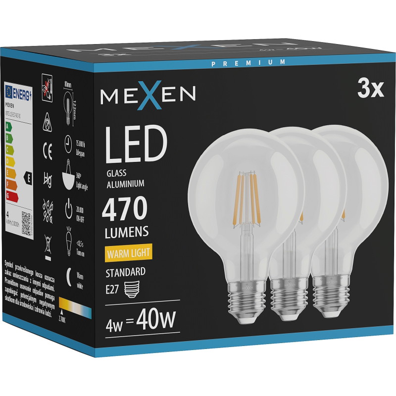 Mexen Vintis 3x LED filamentlampa E27, G80, 4W, Varm - 2700K, 470 lm, klar - L155-E27-0427-00x03
