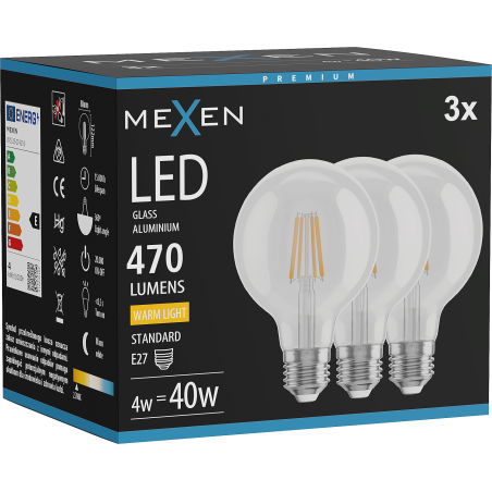 Mexen Vintis 3x Lampadina filament LED E27, G80, 4W, Calda - 2700K, 470 lm, trasparente - L155-E27-0427-00x03