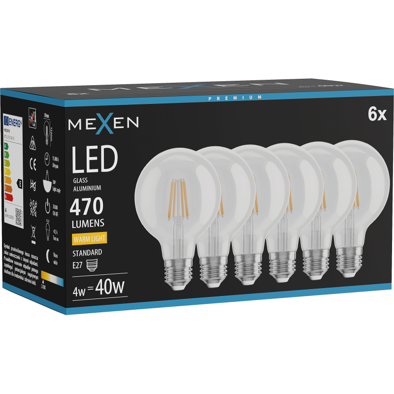 Mexen Vintis 6x LED-Filamentlampe E27, G80, 4W, Warm - 2700K, 470 lm, klar - L155-E27-0427-00x06