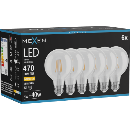 Mexen Vintis 6x Filamenta LED spuldze E27, G80, 4W, Silti - 2700K, 470 lm, skaidrs - L155-E27-0427-00x06