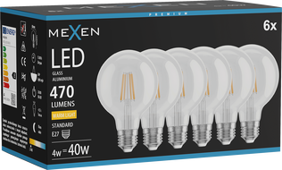 Mexen Vintis 6x LED žarulja filament E27, G80, 4W, Topla - 2700K, 470 lm, prozirna - L155-E27-0427-00x06