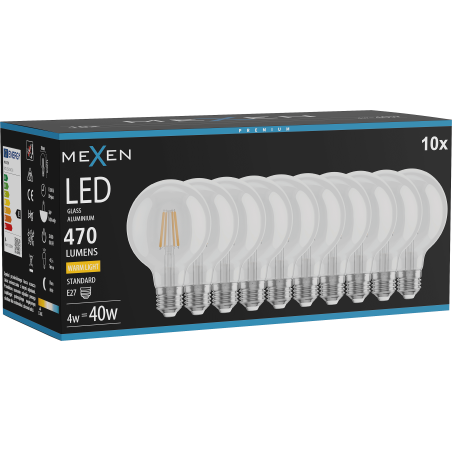 Mexen Vintis 10x Lampadina a filamento LED E27, G80, 4W, Calda - 2700K, 470 lm, chiara - L155-E27-0427-00x10