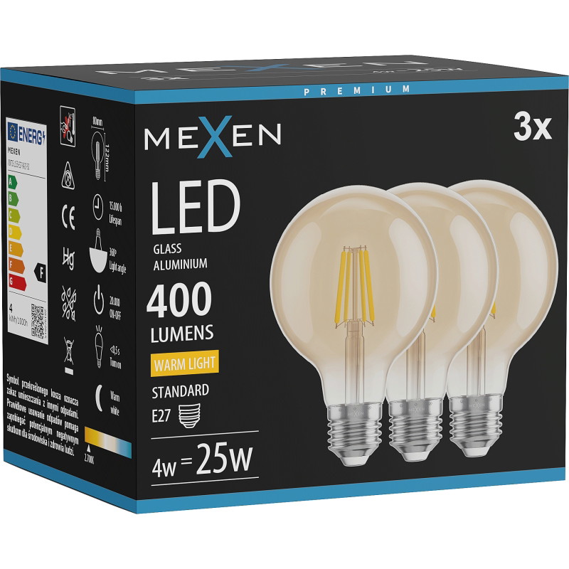 Mexen Vintis 3x LED-filamenttilamppu E27, G80, 4W, Lämmin - 2700K, 400 lm, meripihka - L155-E27-0427-50x03