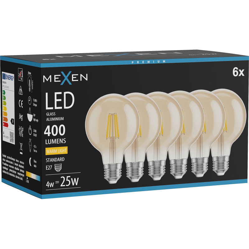 Mexen Vintis 6x Bombilla LED de filamento E27, G80, 4W, Cálida - 2700K, 400 lm, ámbar - L155-E27-0427-50x06