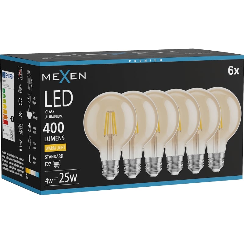 Mexen Vintis 6x LED-Filamentlampe E27, G80, 4W, Warm - 2700K, 400 lm, Amber - L155-E27-0427-50x06