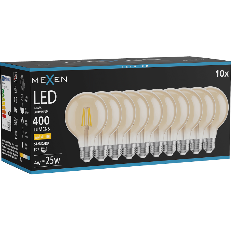 Mexen Vintis 10x λαμπτήρας LED filament E27, G80, 4W, Θερμό - 2700K, 400 lm, κεχριμπαρένιο