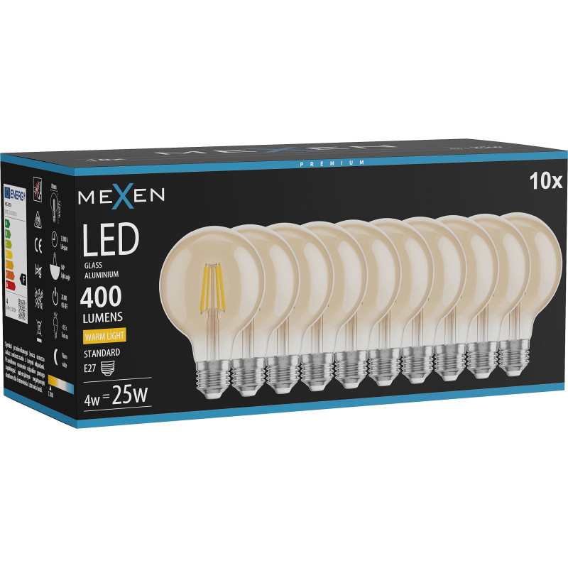 Mexen Vintis 10x żarówka filament LED E27, G80, 4W, Ciepła - 2700K, 400 lm, amber - L155-E27-0427-50x10