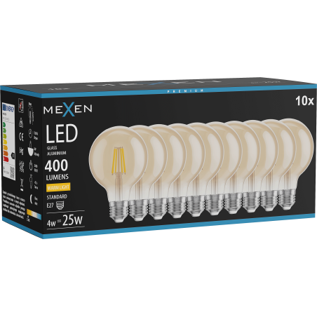 Mexen Vintis 10x LED-Filament-Lampe E27, G80, 4W, Warm - 2700K, 400 lm, Bernstein - L155-E27-0427-50x10