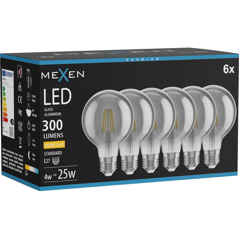 Mexen Vintis 6x Bombilla LED de filamento E27, G80, 4W, Cálida - 2700K, 300 lm, humo - L155-E27-0427-70x06