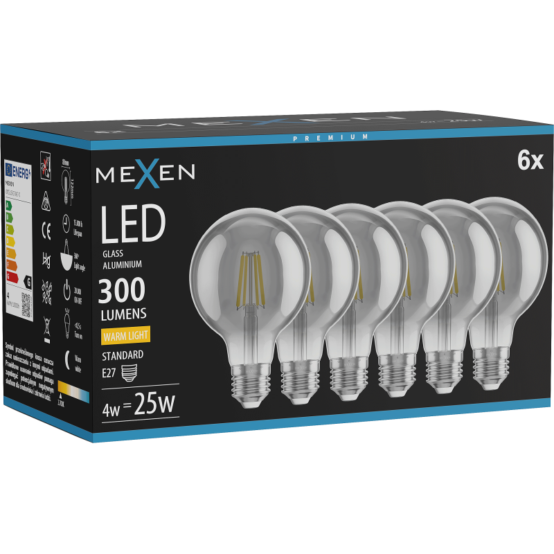 Mexen Vintis 6x LED filament žarnica E27, G80, 4W, Topla - 2700K, 300 lm, dimna - L155-E27-0427-70x06