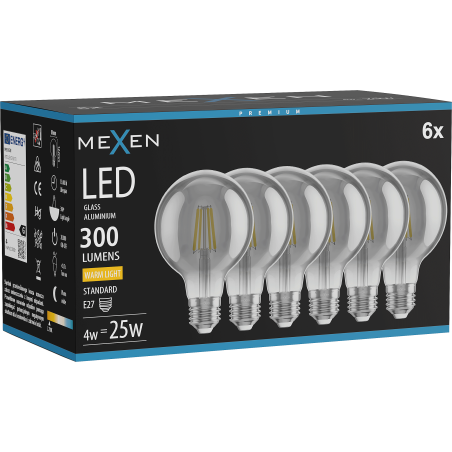 Mexen Vintis 6x Ampoule filament LED E27, G80, 4W, Chaude - 2700K, 300 lm, fumée - L155-E27-0427-70x06