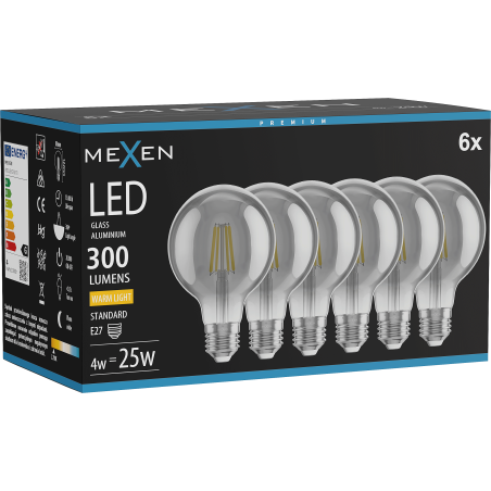 Mexen Vintis 6x Lampadina a filamento LED E27, G80, 4W, Calda - 2700K, 300 lm, fumo - L155-E27-0427-70x06