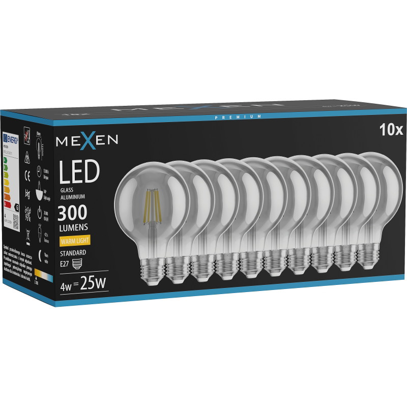 Mexen Vintis 10x LED-filamentlamp E27, G80, 4W, Warm - 2700K, 300 lm, rook - L155-E27-0427-70x10
