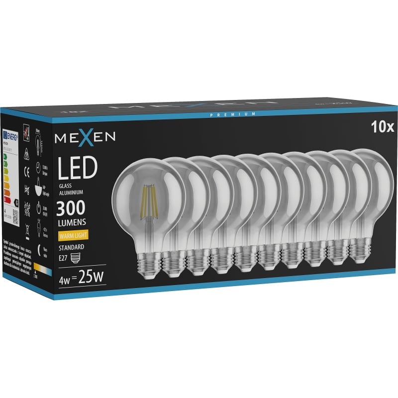 Mexen Vintis 10x LED-filamentlampa E27, G80, 4W, Varm - 2700K, 300 lm, rök - L155-E27-0427-70x10