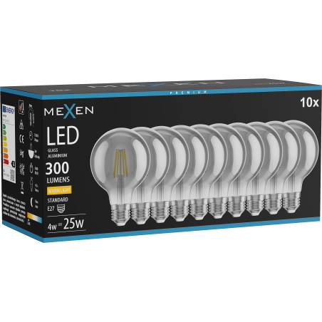 Mexen Vintis 10x spuldze filamenta LED E27, G80, 4W, Silta - 2700K, 300 lm, dūmakains - L155-E27-0427-70x10