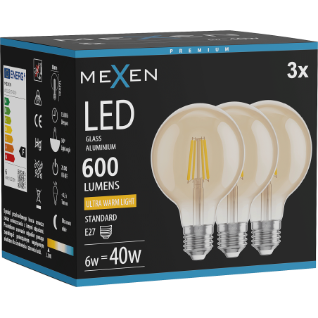 Mexen Vintis 3x LED filamentlampa E27, G80, 6W, Varm - 2200K, 600 lm, bärnsten - L155-E27-0622-50x03
