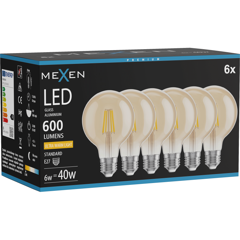 Mexen Vintis 6x LED Filamenta spuldze E27, G80, 6W, Silta - 2200K, 600 lm, dzintara - L155-E27-0622-50x06