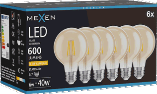 Mexen Vintis 6x Lampadina a filamento LED E27, G80, 6W, Calda - 2200K, 600 lm, ambra - L155-E27-0622-50x06