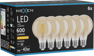 Mexen Vintis 6x LED-filamentpirn E27, G80, 6W, Soe - 2200K, 600 lm, merevaik - L155-E27-0622-50x06