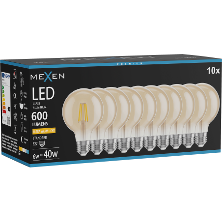 Mexen Vintis 10x Λάμπα LED Filament E27, G80, 6W, Θερμό - 2200K, 600 lm, κεχριμπαρένιο