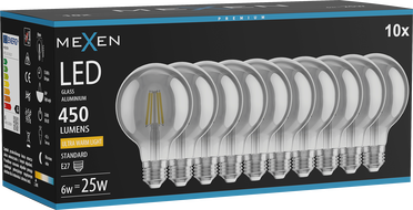 Mexen Vintis 10x LED-filamentpirn E27, G80, 6W, Soe - 2200K, 450 lm, suitsutatud - L155-E27-0622-70x10