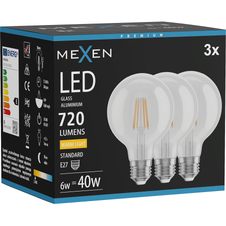Mexen Vintis 3x LED filament žarnica E27, G80, 6W, Topla - 2700K, 720 lm, prozorna - L155-E27-0627-00x03