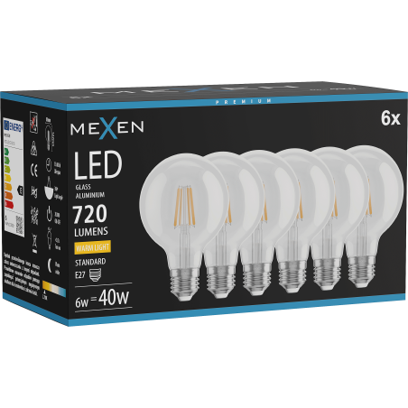 Mexen Vintis 6x LED filament pirn E27, G80, 6W, Soe - 2700K, 720 lm, selge - L155-E27-0627-00x06