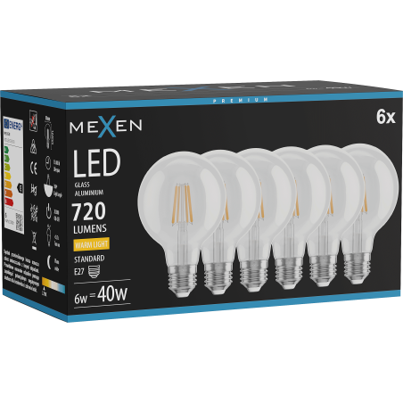 Mexen Vintis 6x LED filamenta spuldze E27, G80, 6W, Silta gaisma - 2700K, 720 lm, caurspīdīga - L155-E27-0627-00x06