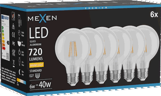 Mexen Vintis 6x LED filamenta spuldze E27, G80, 6W, Silta gaisma - 2700K, 720 lm, caurspīdīga - L155-E27-0627-00x06