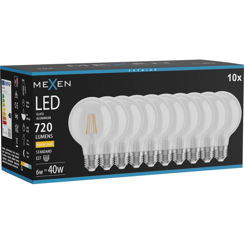 Mexen Vintis 10x Lampadina a filamento LED E27, G80, 6W, Calda - 2700K, 720 lm, trasparente - L155-E27-0627-00x10