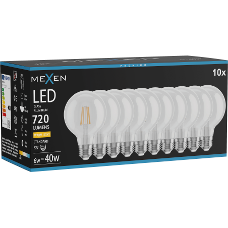 Mexen Vintis 10x Lampadina a filamento LED E27, G80, 6W, Calda - 2700K, 720 lm, trasparente - L155-E27-0627-00x10