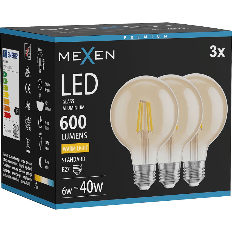 Mexen Vintis 3x Lampadina a filamento LED E27, G80, 6W, Calda - 2700K, 400 lm, ambra - L155-E27-0627-50x03