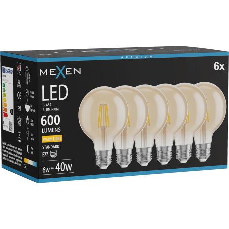 Mexen Vintis 6x LED filament žarnica E27, G80, 6W, Topla - 2700K, 400 lm, jantarna - L155-E27-0627-50x06