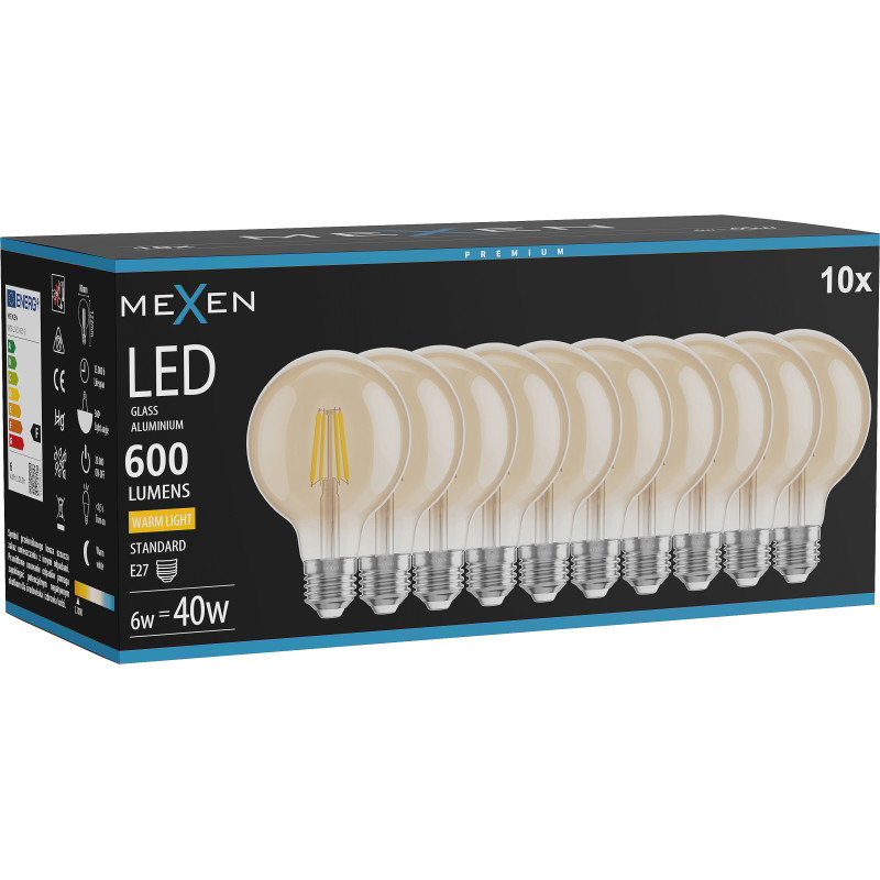 Mexen Vintis 10x Lampadina LED a filamento E27, G80, 6W, Calda - 2700K, 400 lm, ambra - L155-E27-0627-50x10