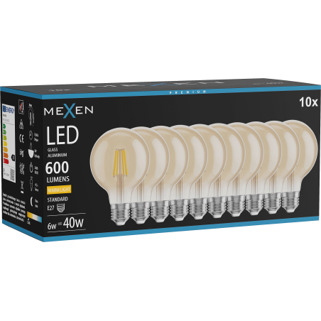 Mexen Vintis 10x LED hõõgniitpirn E27, G80, 6W, Soe - 2700K, 400 lm, merevaik - L155-E27-0627-50x10