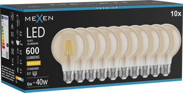 Mexen Vintis 10x LED hõõgniitpirn E27, G80, 6W, Soe - 2700K, 400 lm, merevaik - L155-E27-0627-50x10