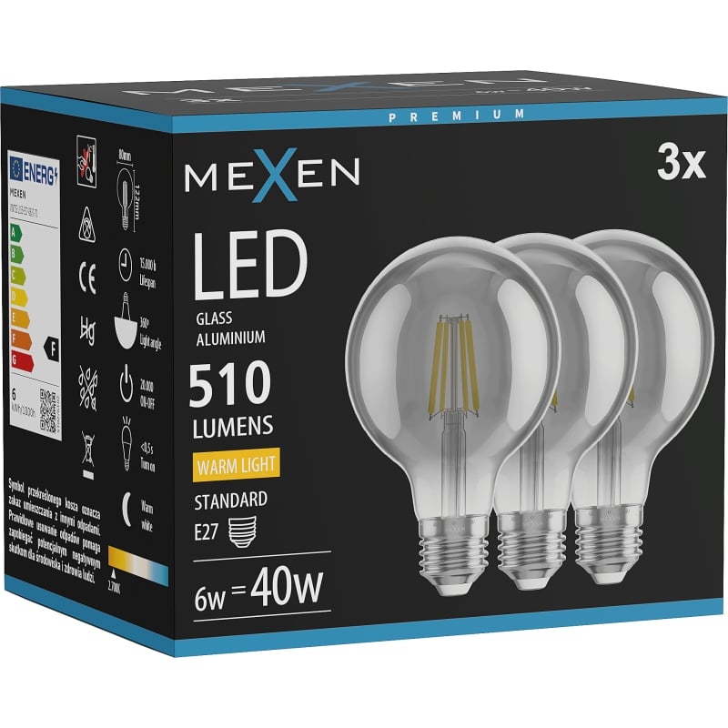 Mexen Vintis 3x lampadina a filamento LED E27, G80, 6W, Calda - 2700K, 510 lm, affumicata - L155-E27-0627-70x03