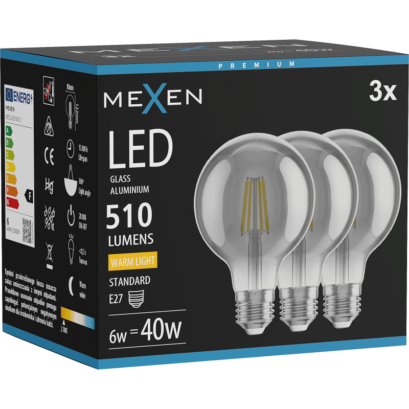 Mexen Vintis 3x LED filament žarnica E27, G80, 6W, Topla - 2700K, 510 lm, dima - L155-E27-0627-70x03
