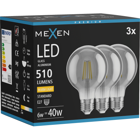 Mexen Vintis 3x Λαμπτήρας νήματος LED E27, G80, 6W, Θερμό - 2700K, 510 lm, καπνιστό